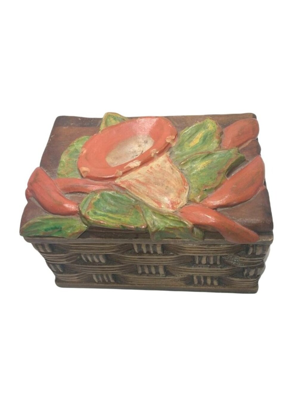 Vtg Hand Carved Wood Painted Floral Hinged Jewelry Trinket Box